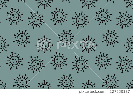 Cartoon seamless virus pattern. Pandemic health danger background with abstract medical bacteria symbols. Vector illustration for fabric, design, print, wallpaper, cover, covid concept 127330387
