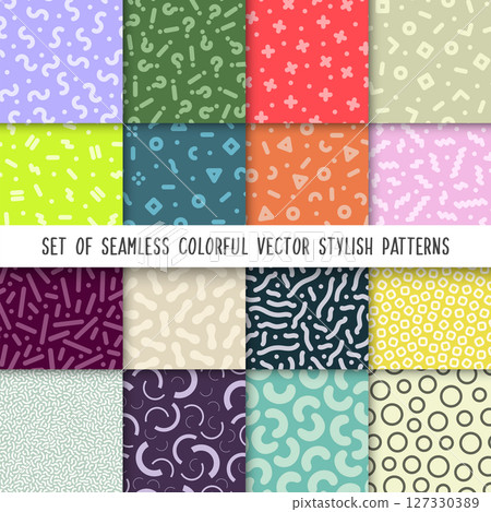 Collection of vector colorful geometric seamless patterns with shapes and symbols. Repeatable bright unusual trendy backgrounds in fashion retro style 80-90s. Vibrant endless prints Collection of vector colorful geometric seamless patterns with shapes and symbols. Repeatable bright unusual trendy backgrounds in fashion retro style 80-90s. Vibrant endless prints 127330389