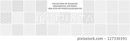 Collection of seamless ornamental geometric patterns - art deco classic design. Repeatable oriental elegant backgrounds. White and gray outline prints Collection of seamless ornamental geometric patterns - art deco classic design. Repeatable oriental elegant backgrounds. White and gray outline prints 127330391