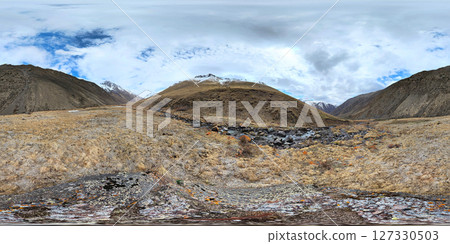 Spherical HDRi panorama of early spring mountains gorge with river at sunny afternoon in Kyrgyzstan Spherical HDRi panorama of early spring mountains gorge with river at sunny afternoon in Kyrgyzstan 127330503