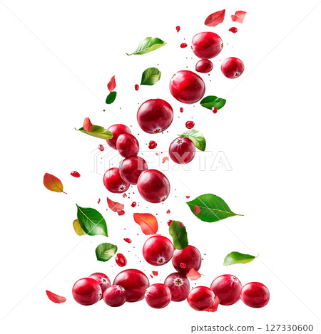 Falling cranberries with green and autumn leaves isolated on a transparent background. Red glossy berries and scattered foliage in floating composition for food, packaging, and design projects. 127330600