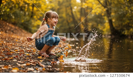 在被秋葉環繞的河畔戲水 127330674