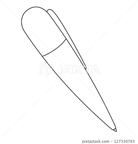 Coloring page with outline drawing of ballpoint pen with clip. Cartoon style school or office stationery illustration. For entertaining kids activity, back to school black and white printable design. 127330783