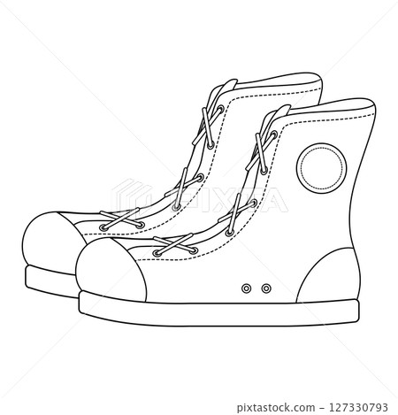 Coloring page with outline drawing of high top sneakers with soles and laces. Physical education lesson. For entertaining kids, back to school black and white printable design, and DIY craft activity. 127330793