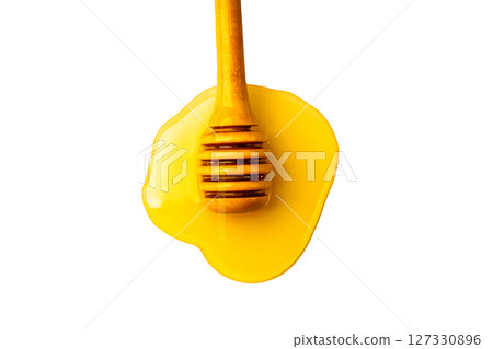 Isolated Honey bee in glass jar and with honey dipper on white background 127330896