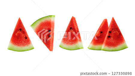 Watermelon is cut into six pieces isolated on white background Watermelon is cut into six pieces isolated on white background 127330898
