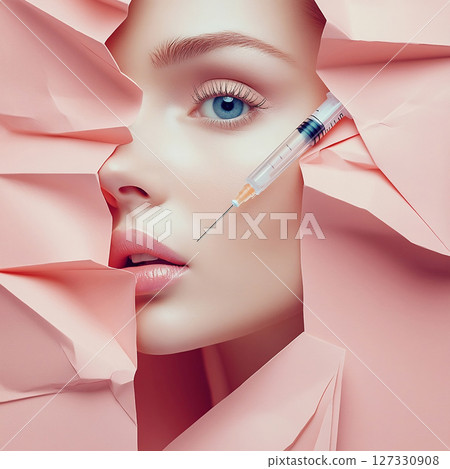 Beauty injection and skincare concept with syringe near woman's face on pink paper. High quality photo Beauty injection and skincare concept with syringe near woman's face on pink paper. High quality photo 127330908