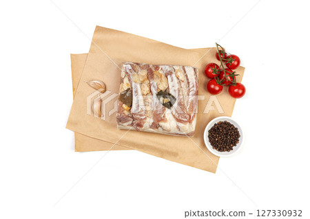 Traditional salted pork fat with spices isolated on white background 127330932