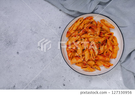 Pasta spaghetti Bolognese with red tomato souse on white plate on isolated white background. Pasta spaghetti Bolognese with red tomato souse on white plate on isolated white background. 127330956
