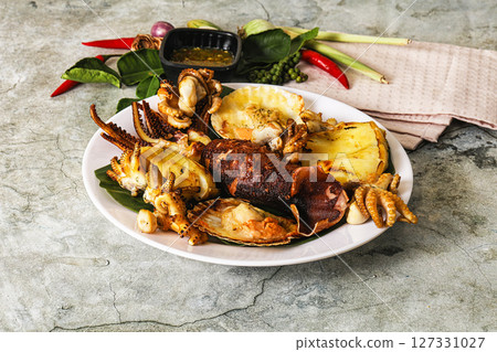 Asian grilled seafood mix plate Asian grilled seafood mix plate 127331027