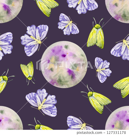 Seamless pattern Watercolor moon and moth, night butterfly background. Hand-drawn night luna light object sky elements space. Wallpaper., wrapping, clipart, sketchbook, design 127331178