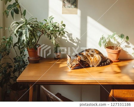 Bengal cat lying on table in cozy sunlit room, relaxed and comfortable in warm natural light. Bengal cat lying on table in cozy sunlit room, relaxed and comfortable in warm natural light. 127331186