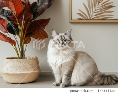 Fluffy white cat relaxing in a cozy stylish home interior with soft natural light and warm tones. Fluffy white cat relaxing in a cozy stylish home interior with soft natural light and warm tones. 127331188