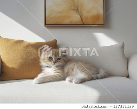 Small fluffy beige tabby kitten lying on a light-colored sofa, cozy and calm indoor scene. Small fluffy beige tabby kitten lying on a light-colored sofa, cozy and calm indoor scene. 127331189