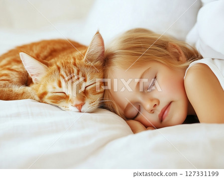 Child sleeps peacefully in white bedding, cuddling a ginger cat, cozy and calm bedtime scene. Child sleeps peacefully in white bedding, cuddling a ginger cat, cozy and calm bedtime scene. 127331199