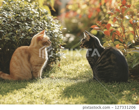 Two cats, ginger and gray, sit facing each other on a green backyard lawn, peaceful moment outdoors. Two cats, ginger and gray, sit facing each other on a green backyard lawn, peaceful moment outdoors. 127331206