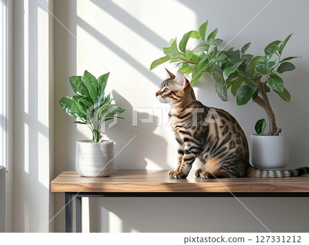 Bengal cat sits on wooden table among houseplants, gazing out the window in soft natural light. 127331212