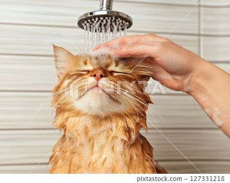 Wet ginger cat being bathed under shower stream in bathroom, looking displeased but calm. Wet ginger cat being bathed under shower stream in bathroom, looking displeased but calm. 127331218