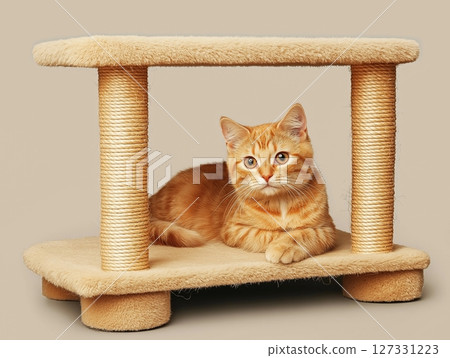 Ginger cat sits snugly inside a cozy cat house, warm tones and soft indoor lighting. 127331223