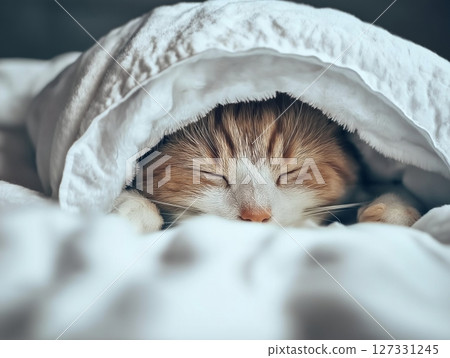 Cat sleeps soundly in white bedding, cozy and peaceful indoor scene with soft natural light. 127331245