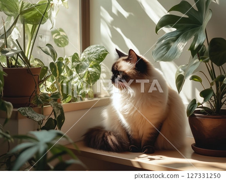Himalayan cat sits on wooden table among houseplants, basking in warm sunlight indoors. Himalayan cat sits on wooden table among houseplants, basking in warm sunlight indoors. 127331250