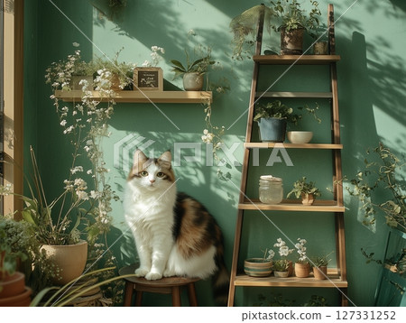 Japanese Bobtail cat sits on stool near green wall surrounded by lush indoor houseplants. Japanese Bobtail cat sits on stool near green wall surrounded by lush indoor houseplants. 127331252
