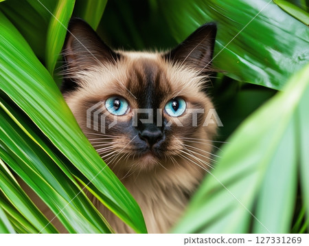 Balinese cat sits gracefully among lush tropical leaves, creating a vibrant natural scene. 127331269
