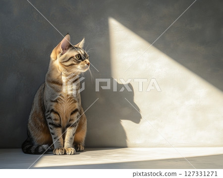 Bengal cat sits in warm sunlight, highlighting its beautiful spotted fur and alert expression. Bengal cat sits in warm sunlight, highlighting its beautiful spotted fur and alert expression. 127331271