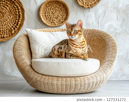 Bengal cat lies relaxed on a wicker chair in a bright, airy interior with soft natural light. Bengal cat lies relaxed on a wicker chair in a bright, airy interior with soft natural light. 127331272