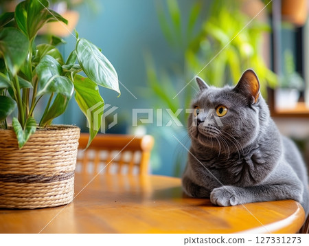 British Shorthair cat lies on wooden table in cozy interior with lush indoor plants nearby. 127331273
