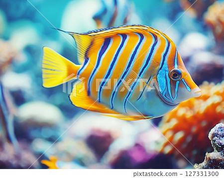 Beautiful aquarium fish swimming gracefully in clear water, close-up, tropical and colorful. Beautiful aquarium fish swimming gracefully in clear water, close-up, tropical and colorful. 127331300