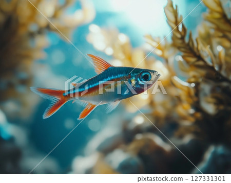 Beautiful aquarium fish swimming gracefully in clear water, close-up, tropical and colorful. Beautiful aquarium fish swimming gracefully in clear water, close-up, tropical and colorful. 127331301