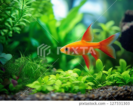 Beautiful aquarium fish swimming gracefully in clear water, close-up, tropical and colorful. 127331303