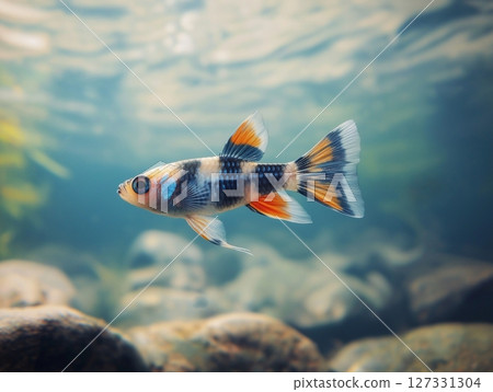 Beautiful aquarium fish swimming gracefully in clear water, close-up, tropical and colorful. 127331304