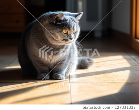 Russian Blue cat sits peacefully in warm sunlight, highlighting its sleek blue-gray fur. Russian Blue cat sits peacefully in warm sunlight, highlighting its sleek blue-gray fur. 127331322