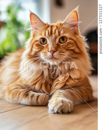 Fluffy ginger cat lies cozy on wooden table bathed in warm, soft sunlight indoors. 127331327