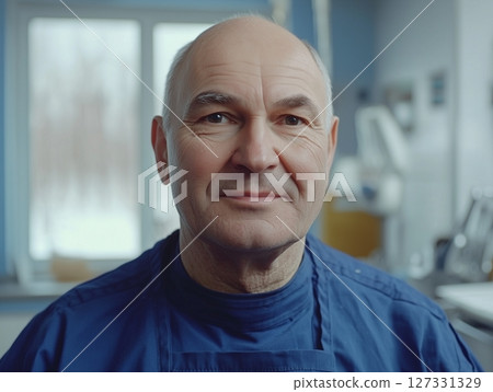 Portrait of male veterinarian in blue medical scrubs, confident and caring expression. Portrait of male veterinarian in blue medical scrubs, confident and caring expression. 127331329