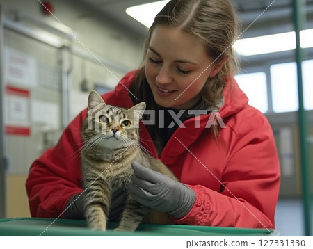 Female veterinarian examines a cat in a bright clinic, showing care and professionalism. Female veterinarian examines a cat in a bright clinic, showing care and professionalism. 127331330