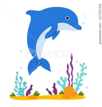 Cute Dolphin with algae on seabed. Vector illustration Cute Dolphin with algae on seabed. Vector illustration 127331341