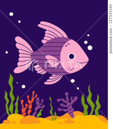Tropical Fish with algae and coral on seabed on blue background. Vector illustration. Kids collection Tropical Fish with algae and coral on seabed on blue background. Vector illustration. Kids collection 127331343