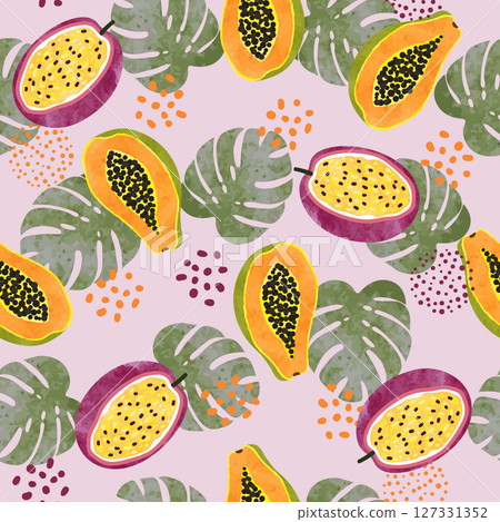 Tropical fruit pattern with watercolor papaya, passion fruit and palm leaves Tropical fruit pattern with watercolor papaya, passion fruit and palm leaves 127331352