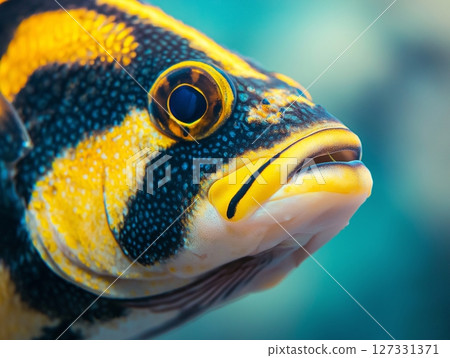 Beautiful aquarium fish swimming gracefully in clear water, close-up, tropical and colorful. 127331371
