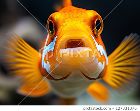 Beautiful aquarium fish swimming gracefully in clear water, close-up, tropical and colorful. 127331376