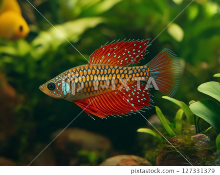 Beautiful aquarium fish swimming gracefully in clear water, close-up, tropical and colorful. Beautiful aquarium fish swimming gracefully in clear water, close-up, tropical and colorful. 127331379