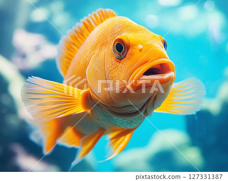 Beautiful aquarium fish swimming gracefully in clear water, close-up, tropical and colorful. Beautiful aquarium fish swimming gracefully in clear water, close-up, tropical and colorful. 127331387