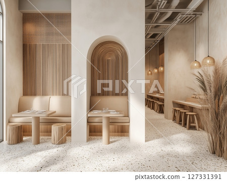 Minimalist Scandinavian-style cafe interior in beige tones with clean lines and natural textures. 127331391