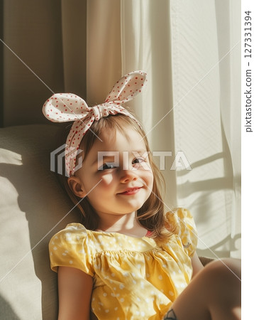 Little girl in headband with bow sitting in sunny home interior, smiling in natural warm light. 127331394
