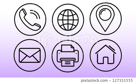 Contact information icons set. Communication network location print address thin line style. Business marketing web design. Purple gradient background vector 127331555