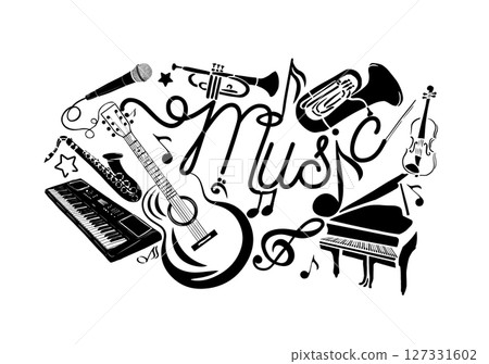 Abstract Music monochrome. Many musical instruments. hand drawn. Not AI, Vector illustration 127331602