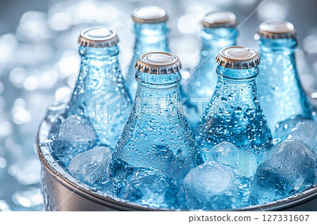 Summer decoration. Retro cooler filled with glass soda bottles and ice. Retro style. Close-up. 127331607